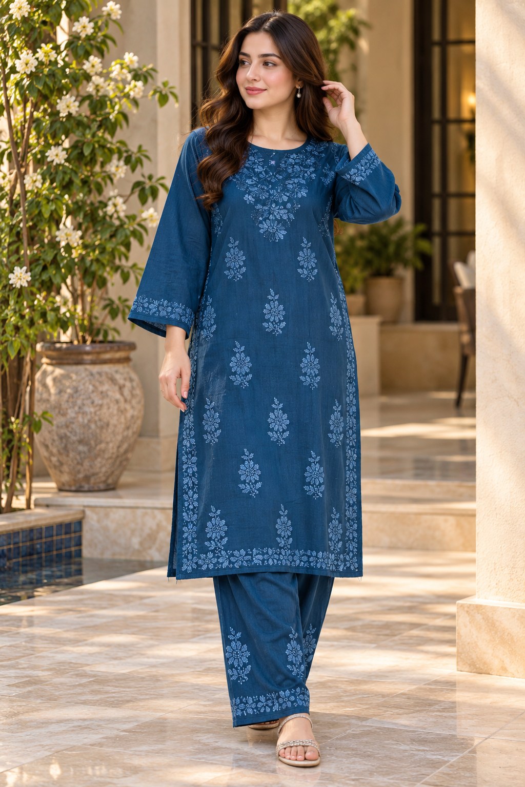 Lucknow 2pc Embroidered Co-Ord Set - Denim Blue - Front