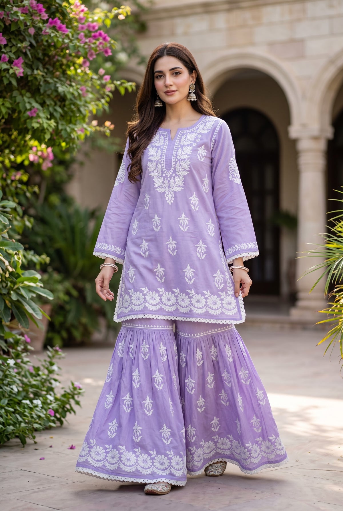 Lucknow 2pc Embroidered Gharara Set - Lavender - Front