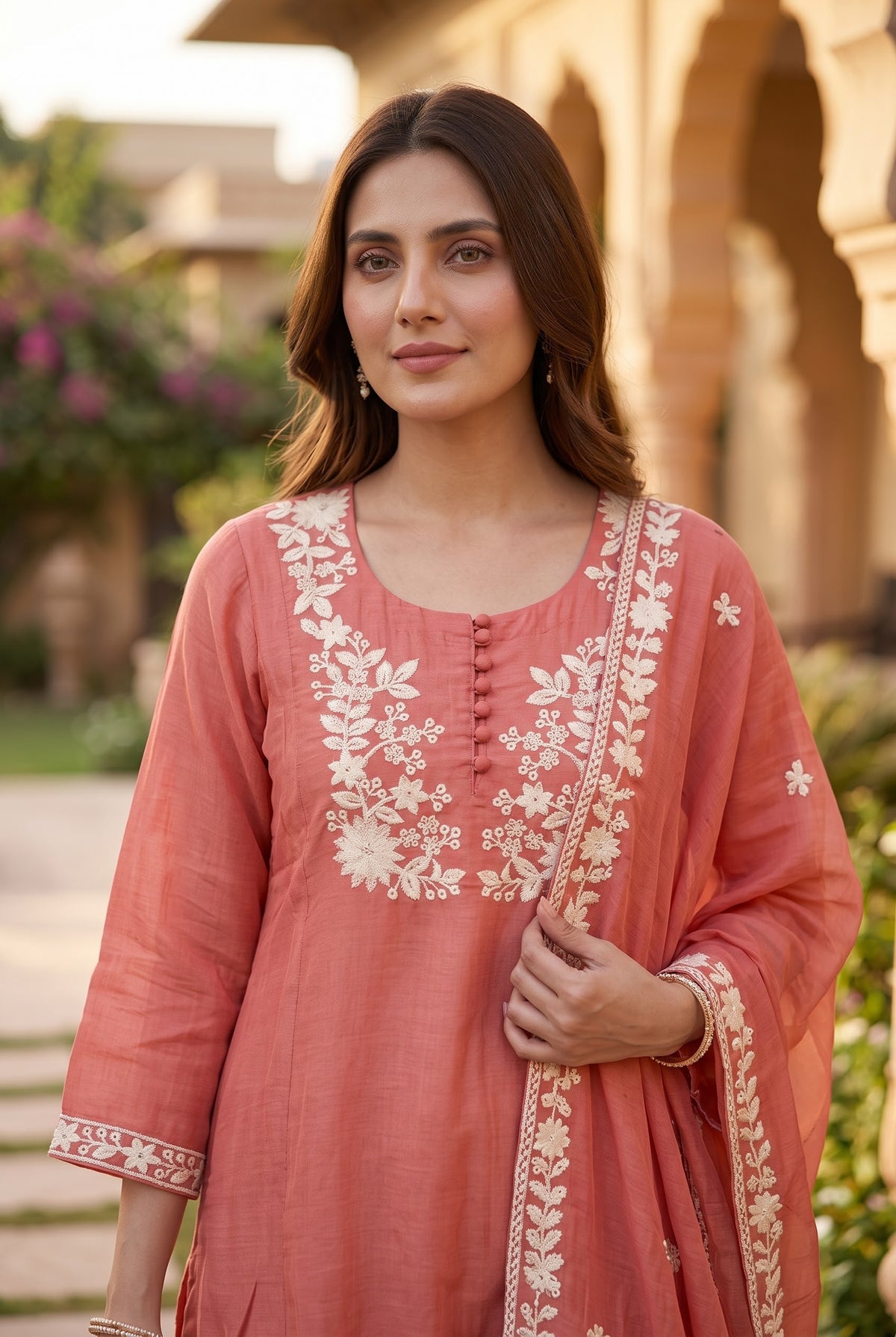 Mal Chanderi Thread Embroidered 3pc Suit - Coral - close-up