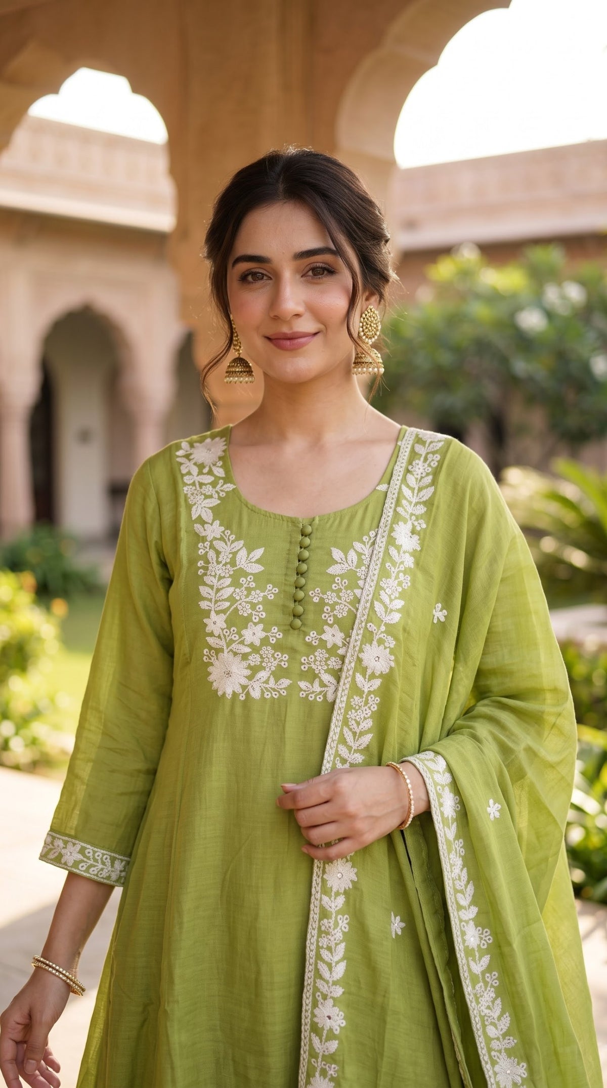 Mal Chanderi Thread Embroidered 3pc Suit - Olive Green - close-up
