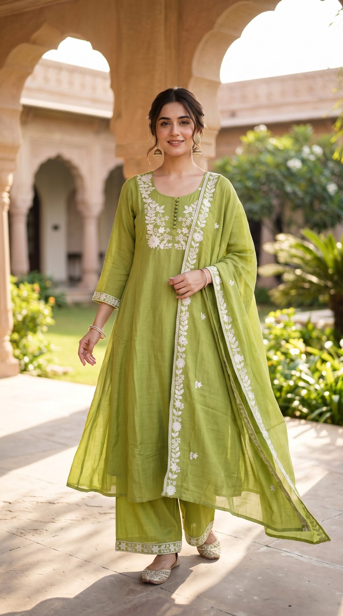 Mal Chanderi Thread Embroidered 3pc Suit - Olive Green - full look