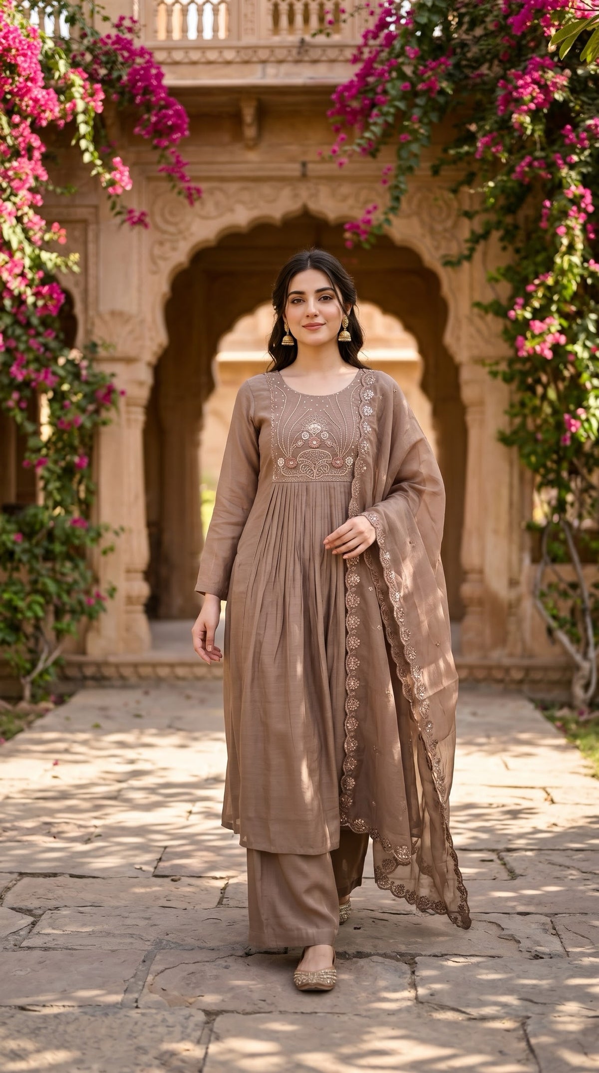 Mocha brown silk pleated kurta palazzo set with embroidered dupatta - Delhi Boutique