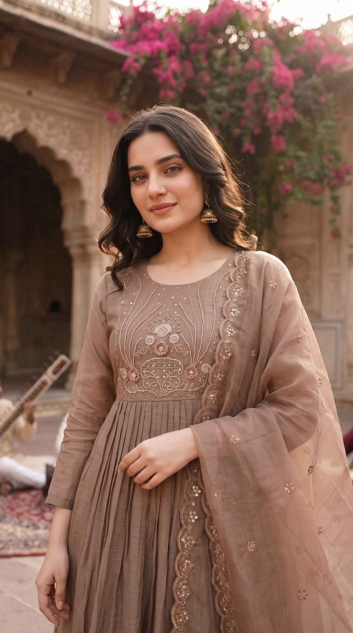 Mocha brown silk kurta embroidered yoke close-up - Delhi Boutique