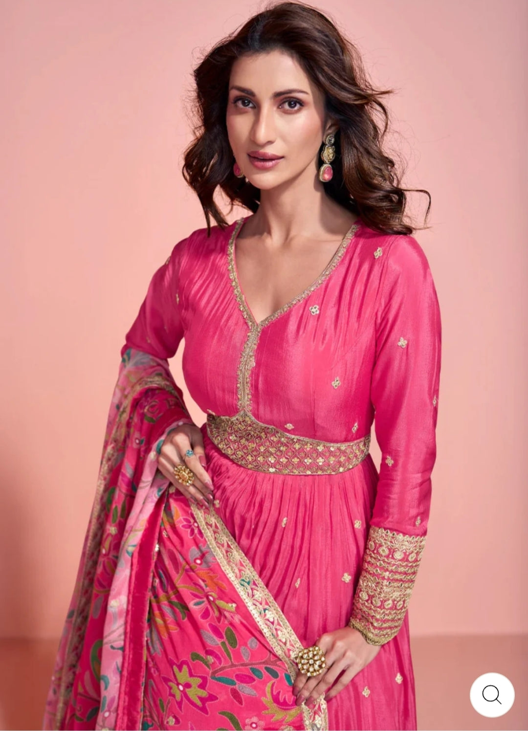 SHOCKING PINK ANARKALI GOWN IN CHINON SILK WITH DUAL EMBROIDERY