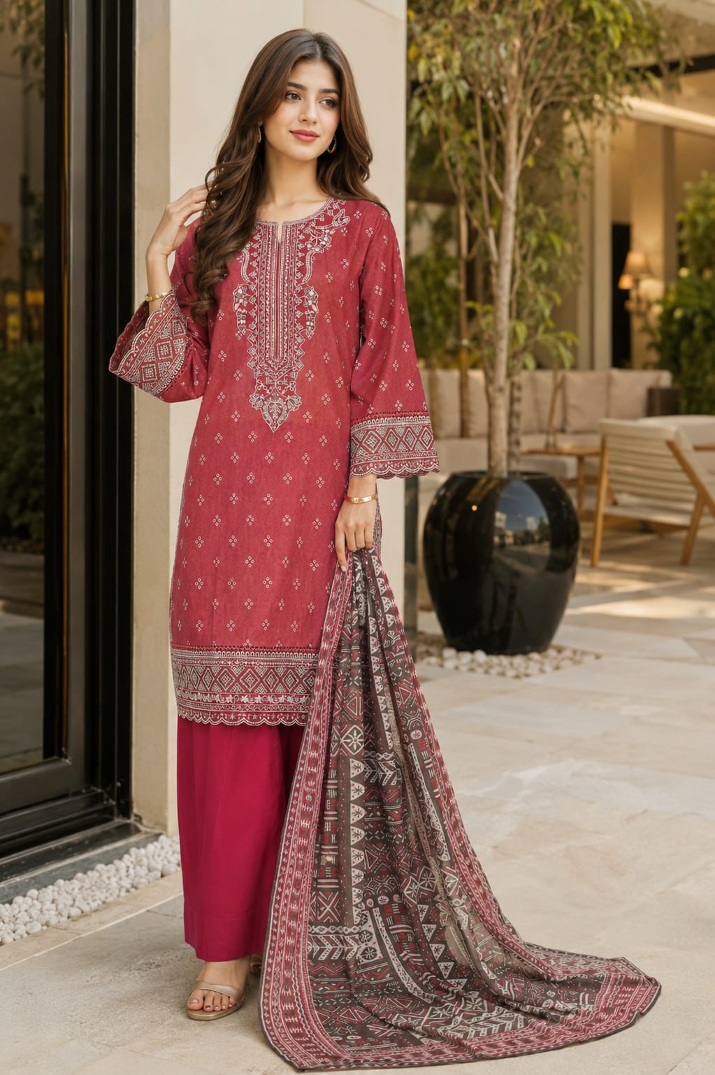 Bin Saeed Embroidered Lawn With Cotton Dupatta