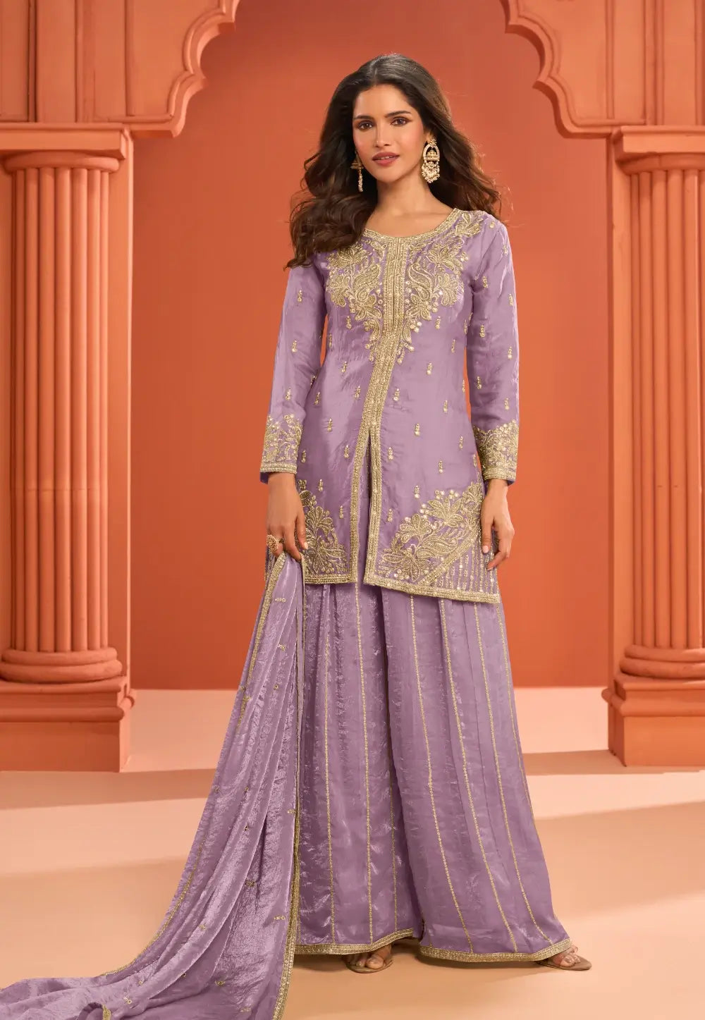 Lavender Embroidered Stylish Silk Sharara Suit