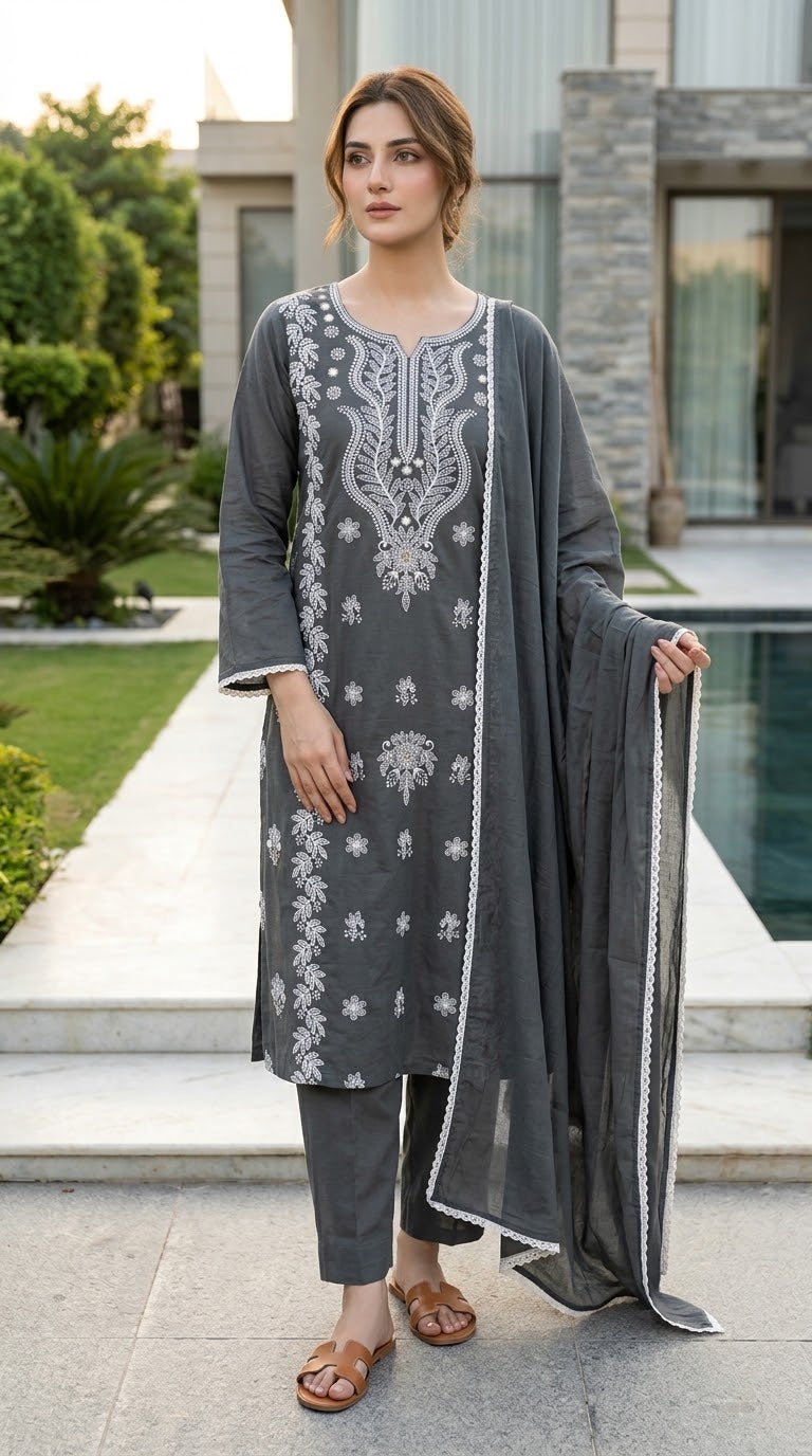 Cotton Embroidered 3pc Suit