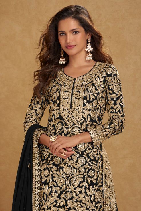 Black Embroidered Georgette Suit