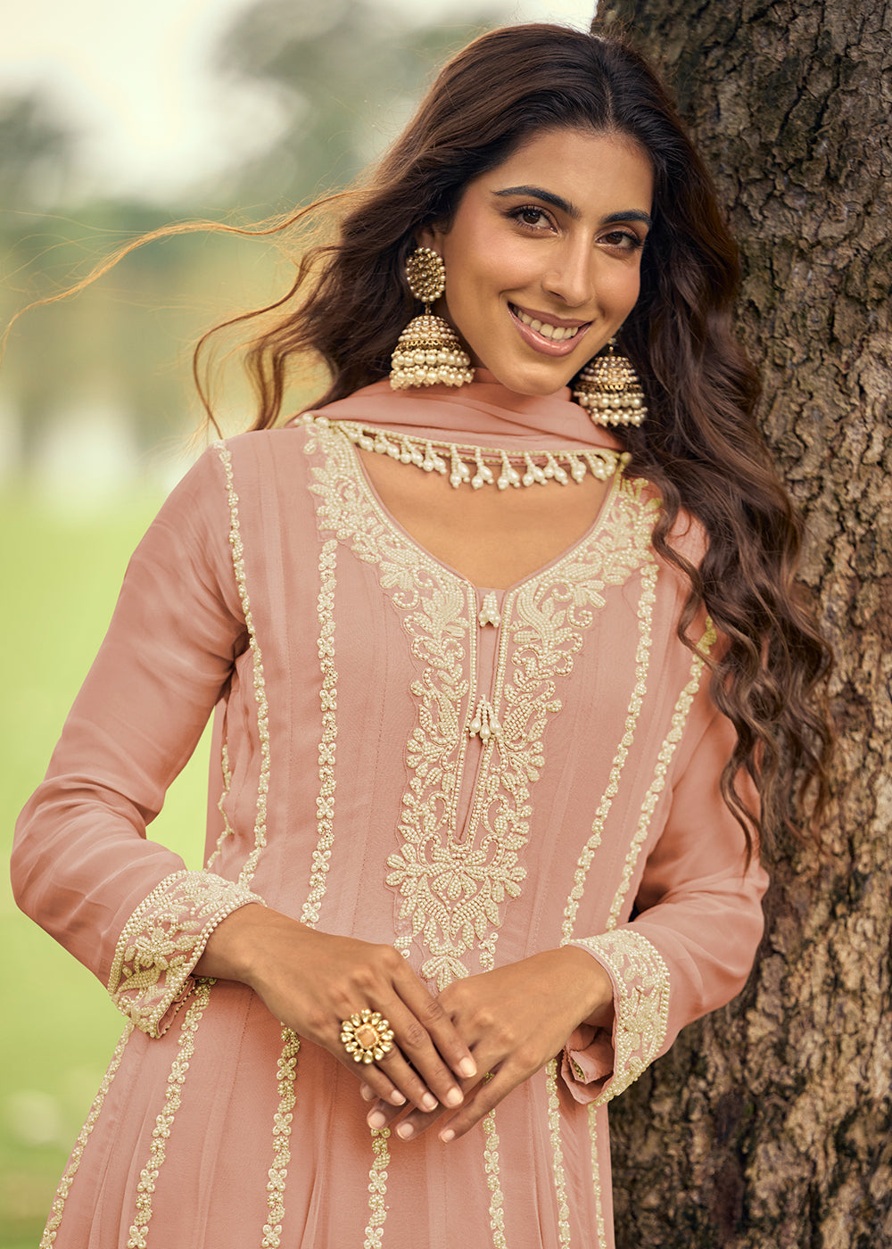 Real Georgette Pink Anakali Style Pant Suit