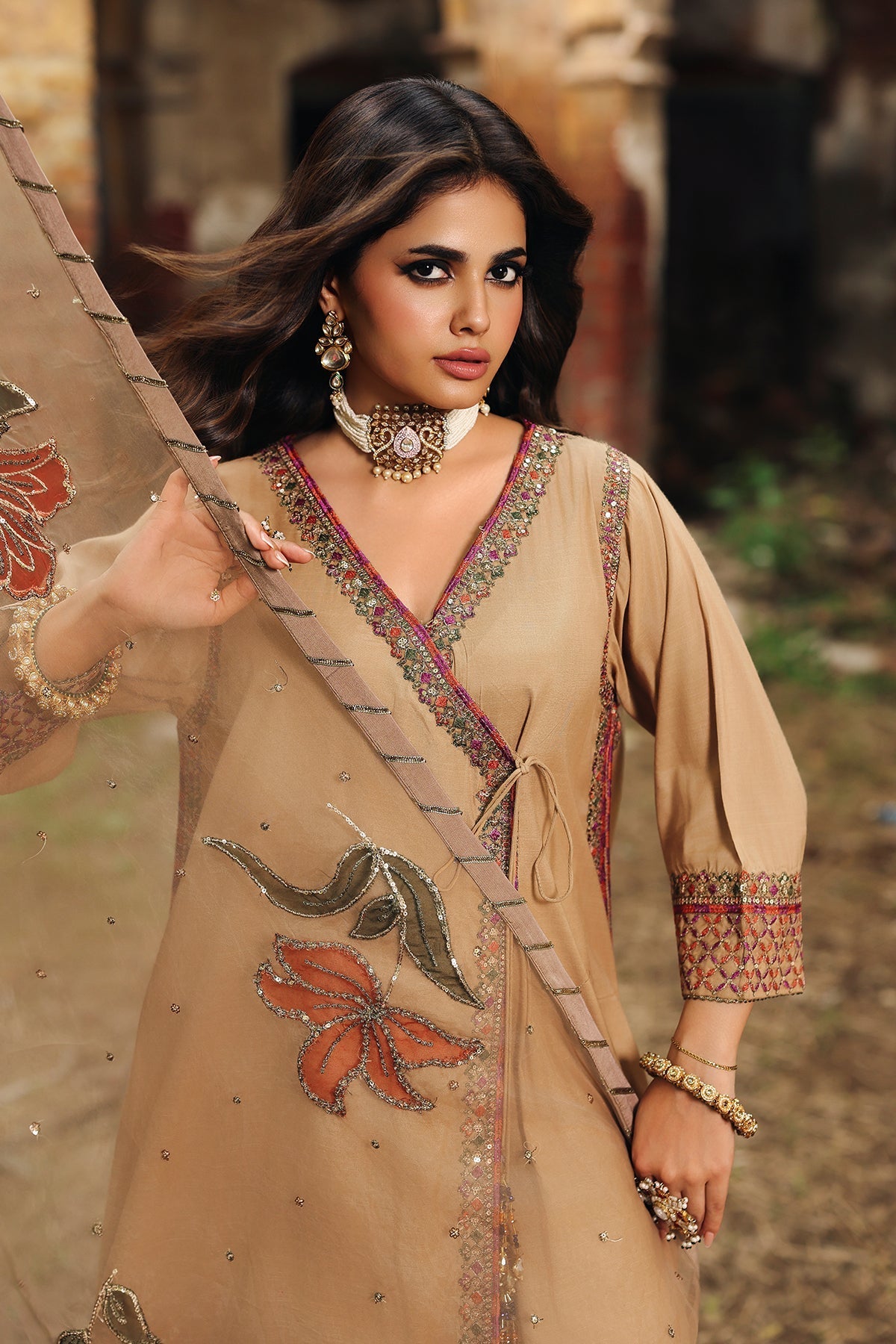 3-PC Embroidered Raw-Silk Suit by Charizma
