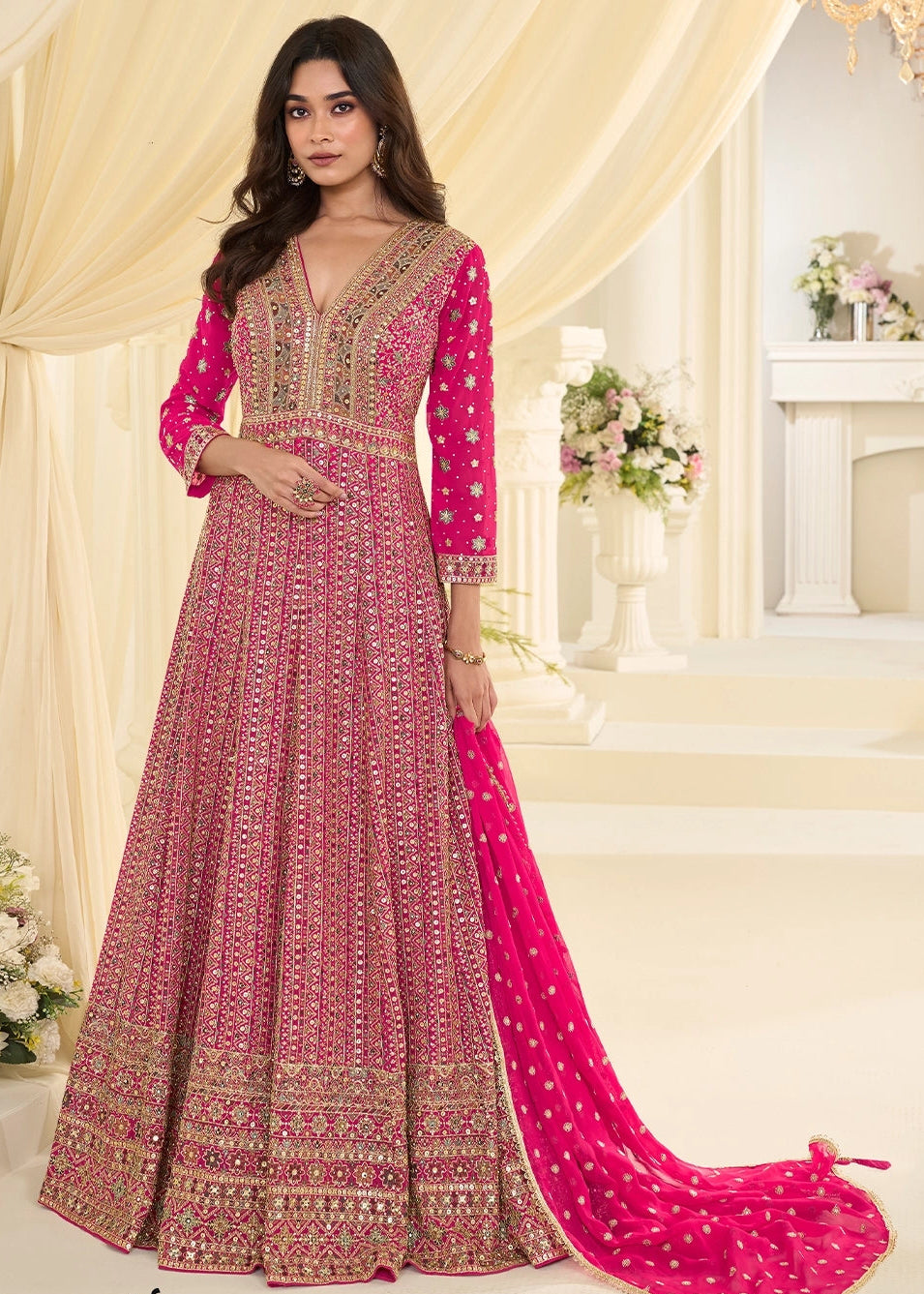 HOT PINK GEORGETTE ANARKALI GOWN WITH ALL-OVER ZARKAN EMBROIDERY