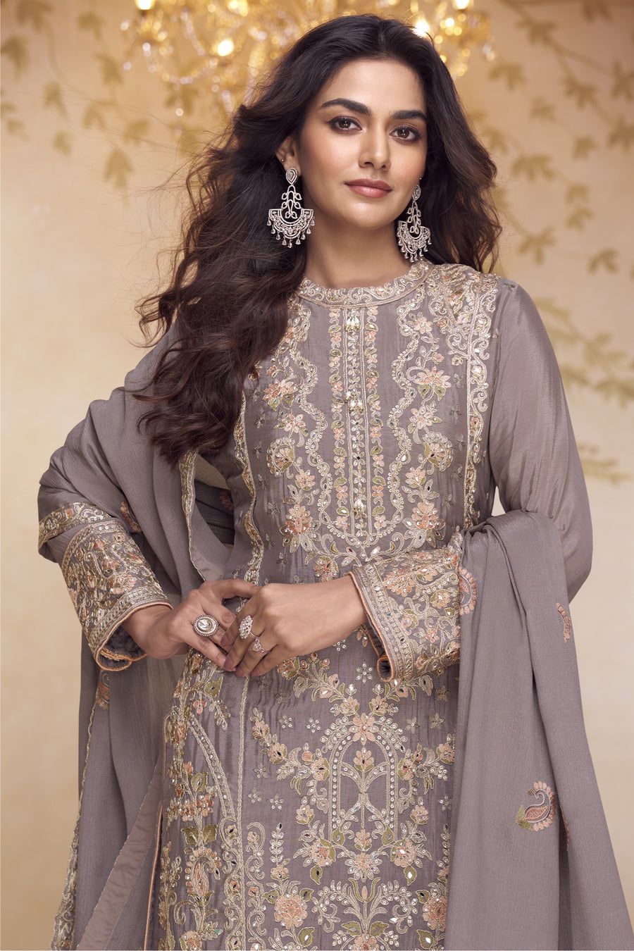 Dusty Purple Chinon Silk Kameez with Palazo
