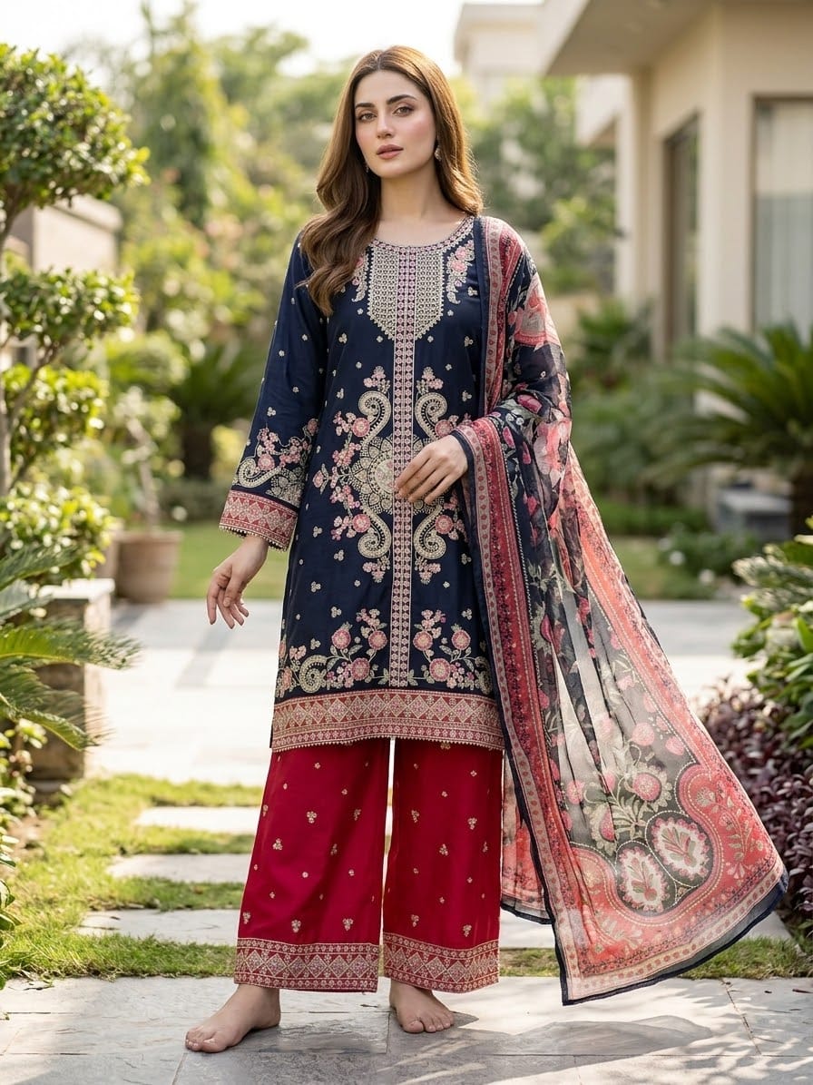 Bin Saeed Luxury Embroidered Lawn With Chiffon Embroiderd Dupatta