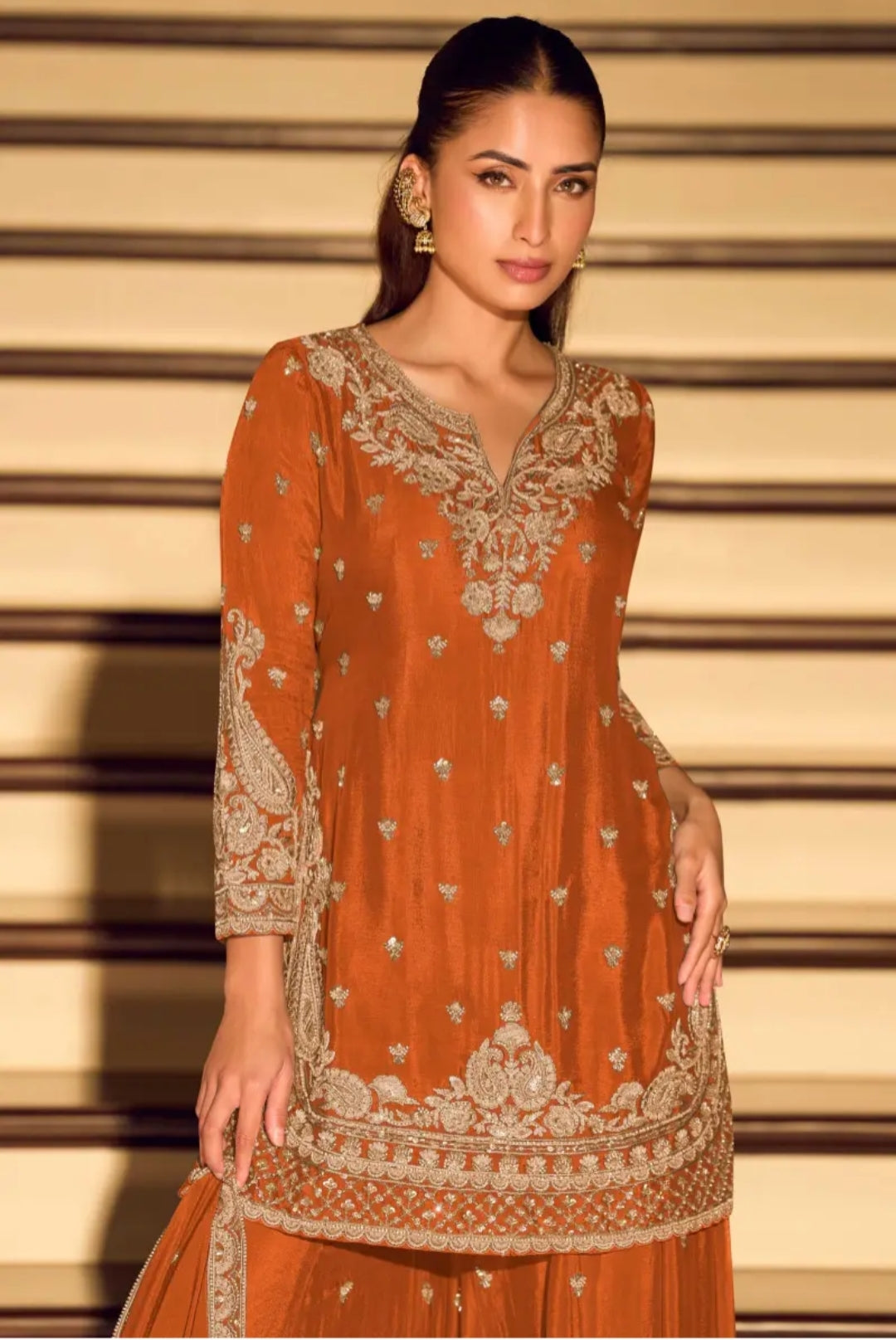 Orange Embroidered Sharara Set with Dupatta