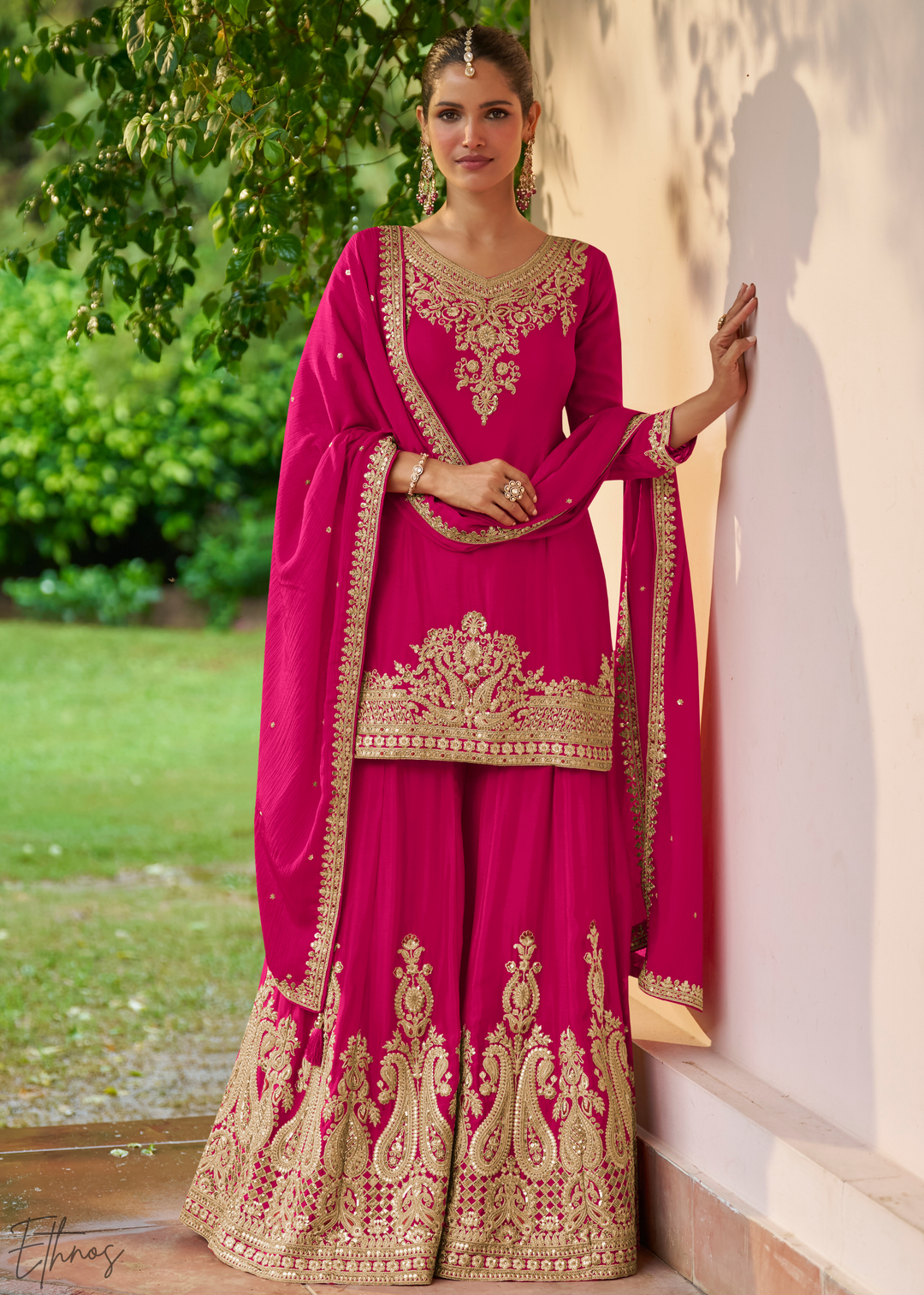 Hot Pink Embroidered Chinon Sharara Suit