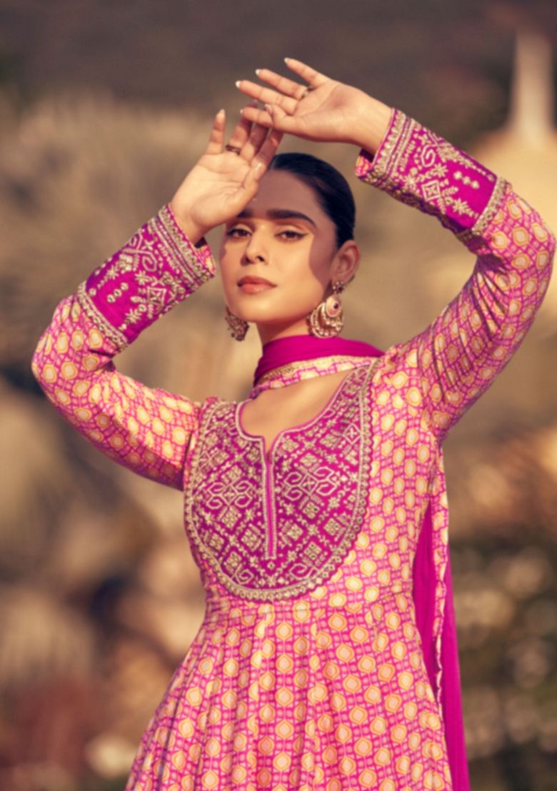 Pink Embroidered Chinon Silk Anarkali With Dupatta