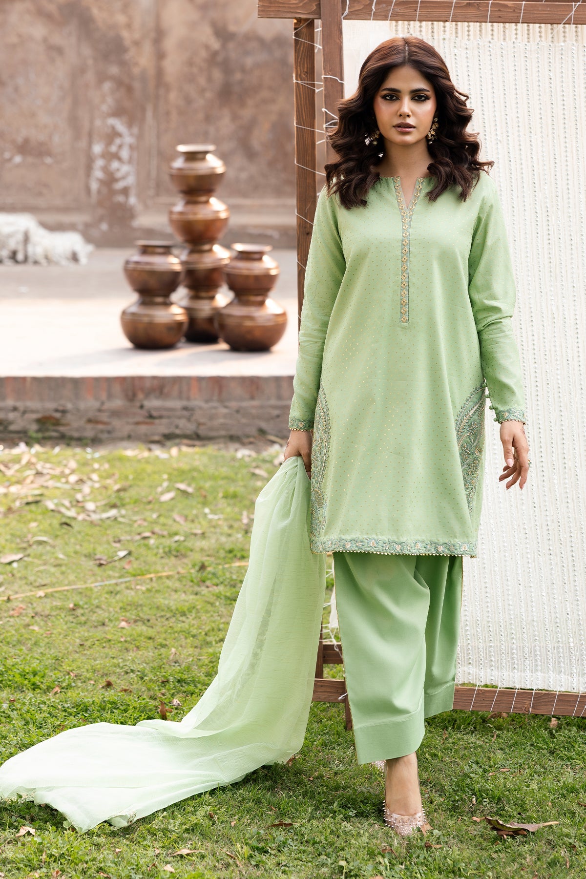 3-PC Embroidered Raw-Silk Suit By Charizma