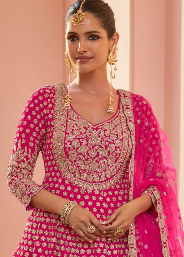 Pink Georgette Kurti Lehenga With Zari Work