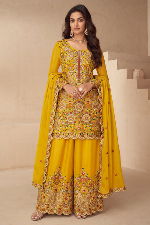 Yellow Embroidered Chinon Suit