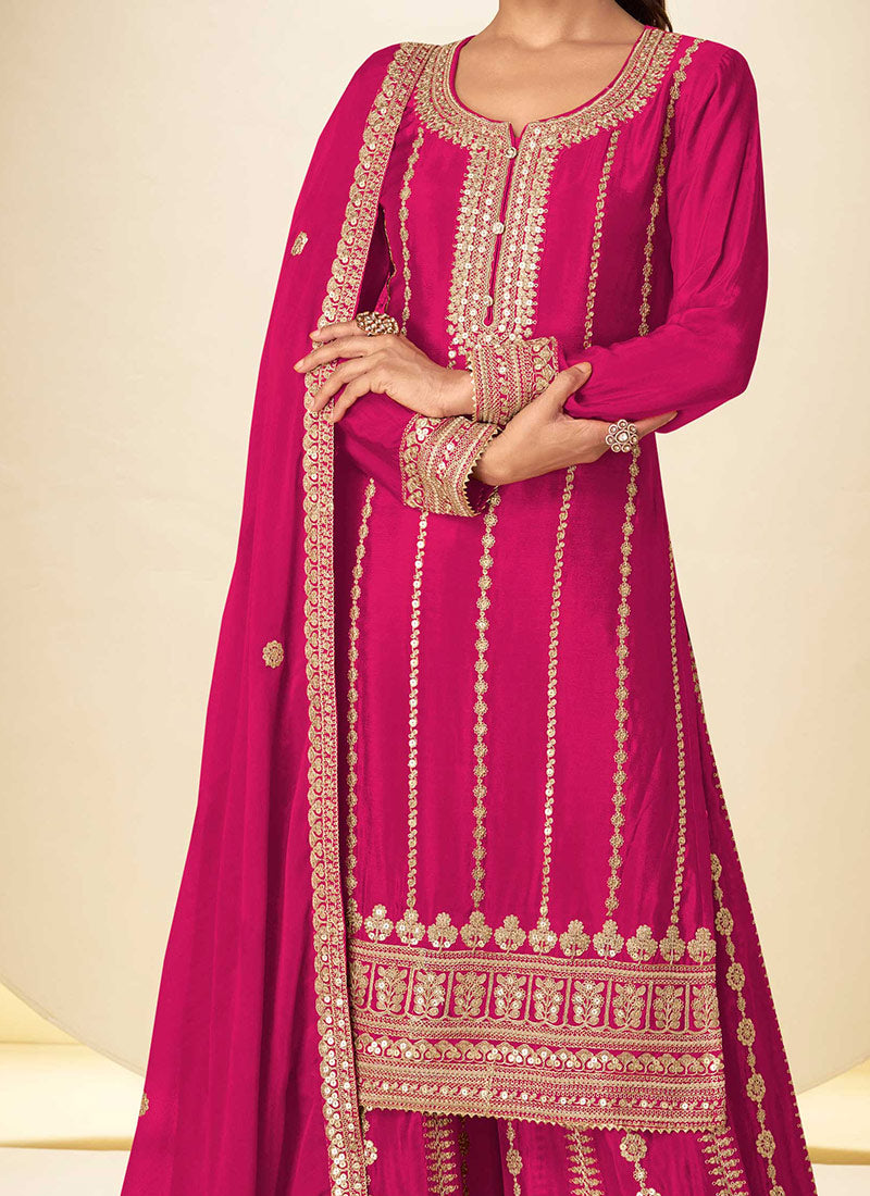 Pink Chinon Embroidered Sequins Palazzo Suit Festive Wear