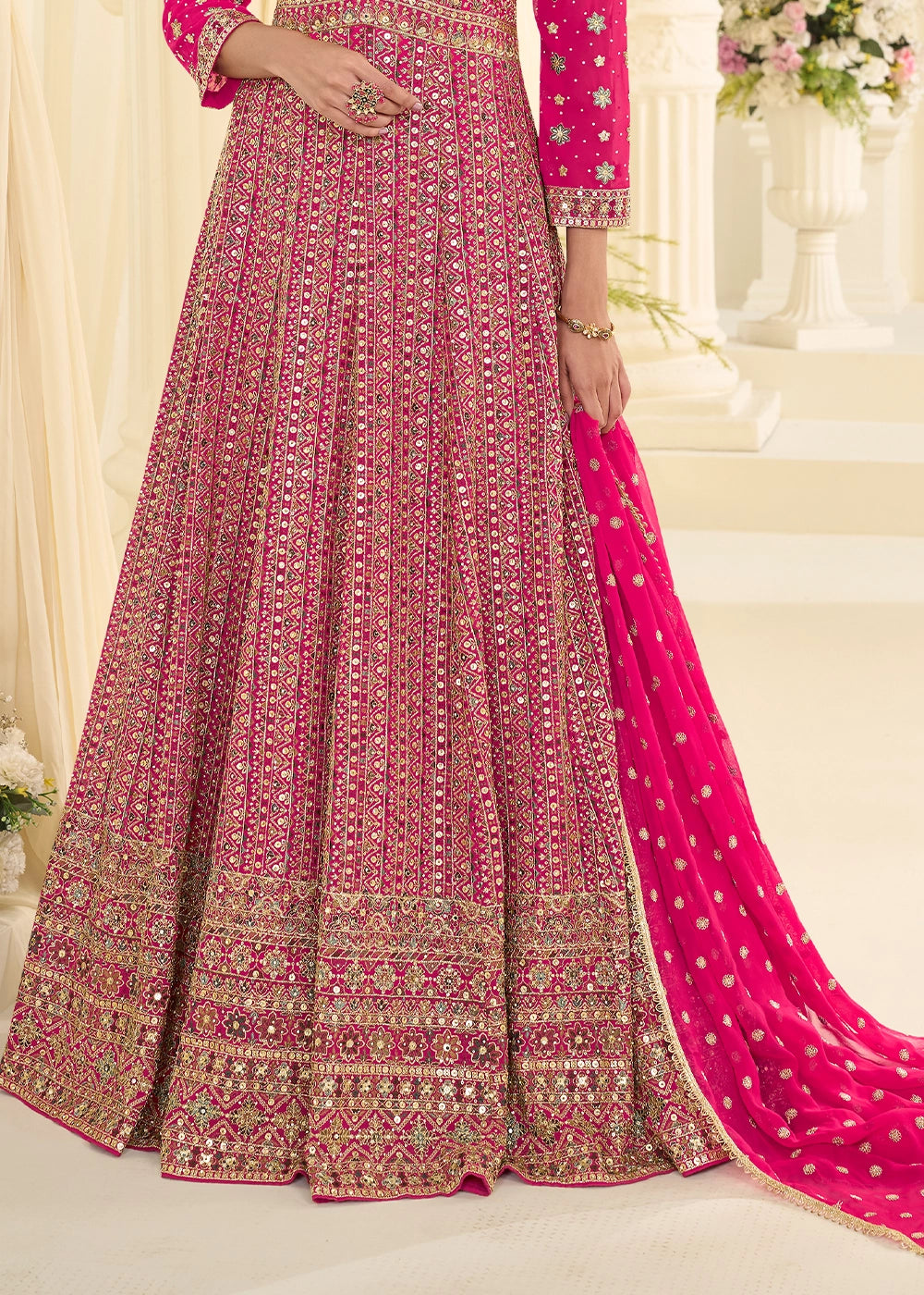 HOT PINK GEORGETTE ANARKALI GOWN WITH ALL-OVER ZARKAN EMBROIDERY