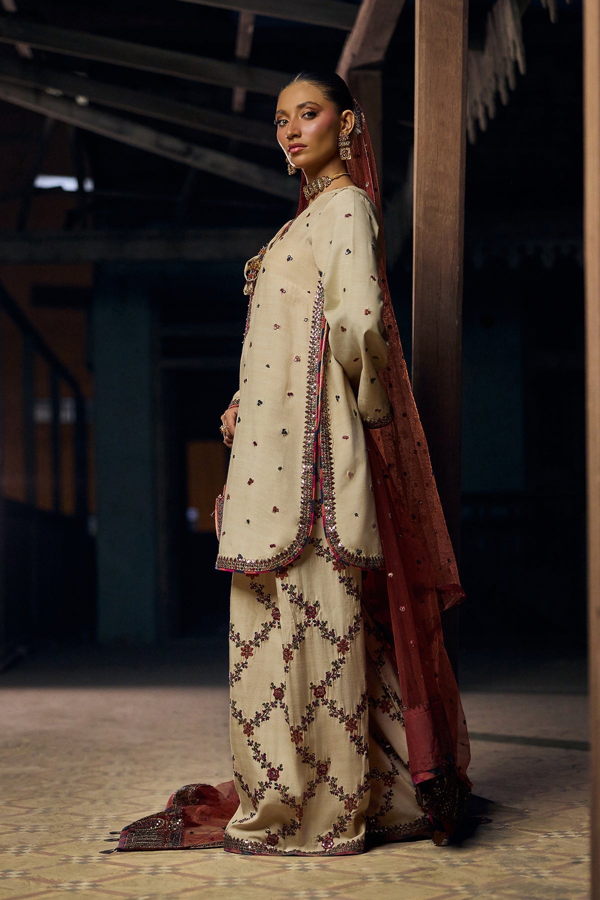 3-PC Embroidered Raw-Silk Suit By Charizma