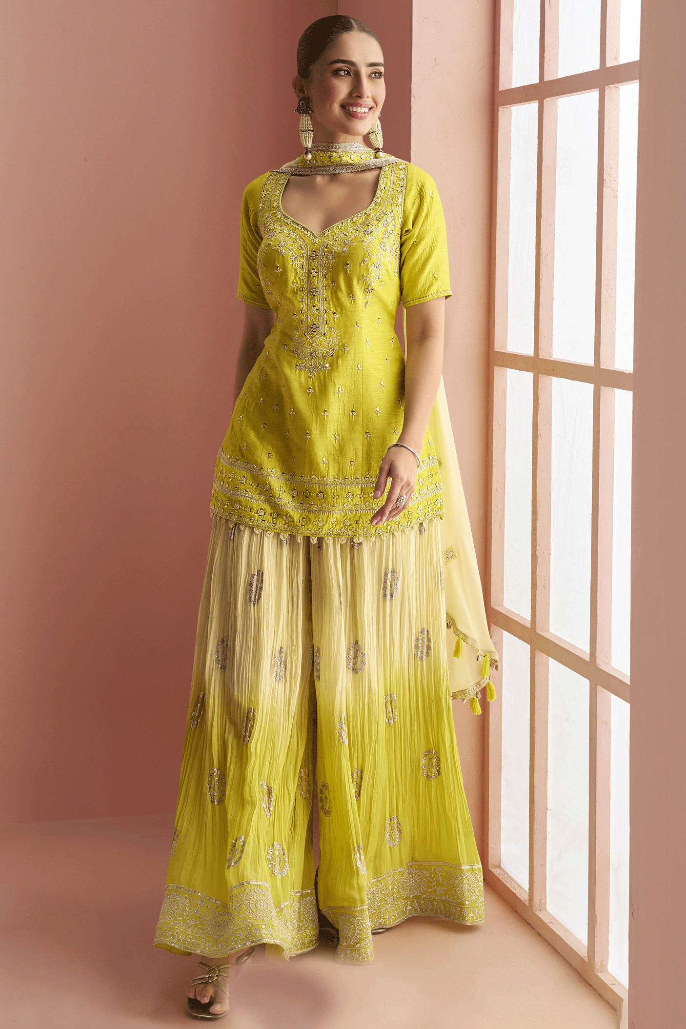 Lime Yellow Embroidery Mirror & Printed Work Chinnon Silk Suit