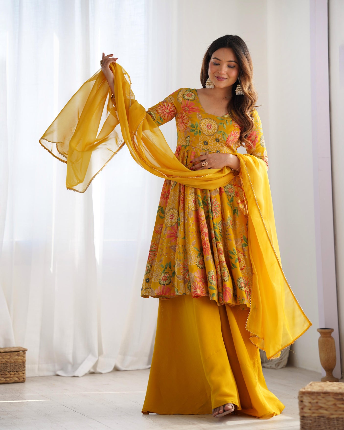 Yellow Silk Anarkali with Palazzo and Dupatta Set