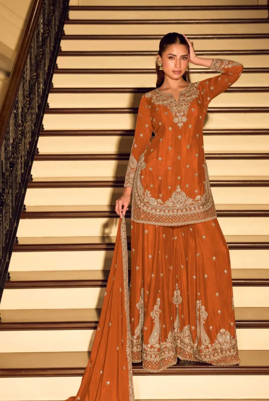 Orange Embroidered Sharara Set with Dupatta