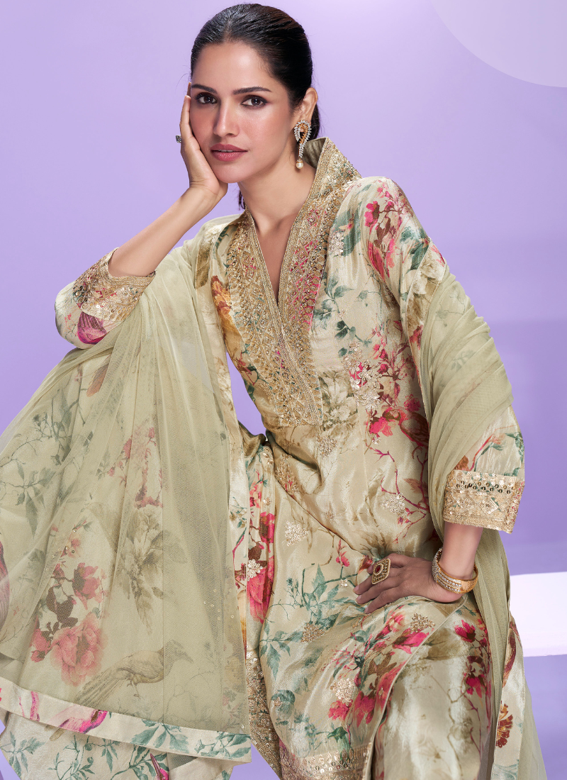 Beige Floral Chinon Silk Palazzo Suit
