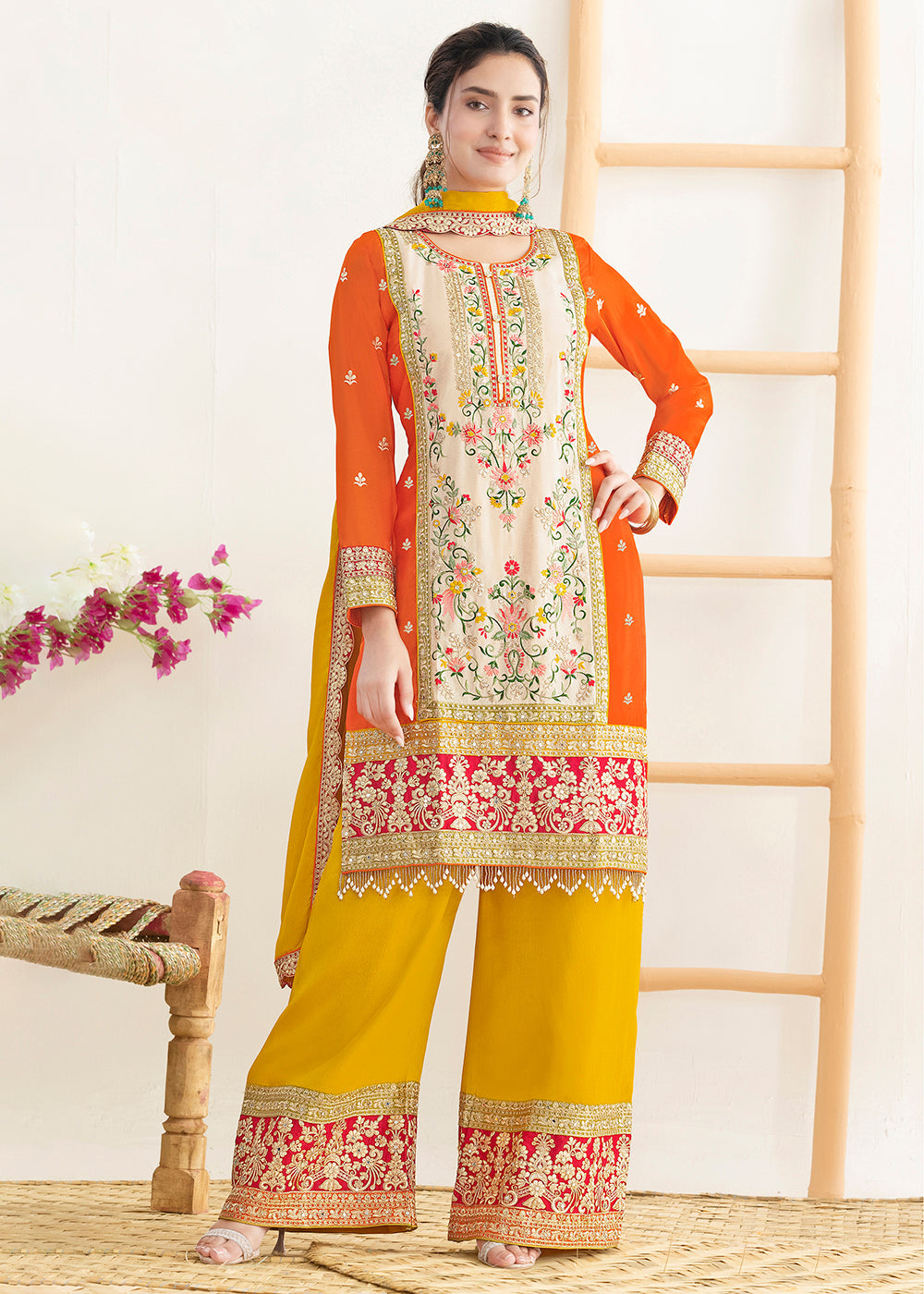 Cream & Orange Dabka Dori & Mirror Pant Style Suit