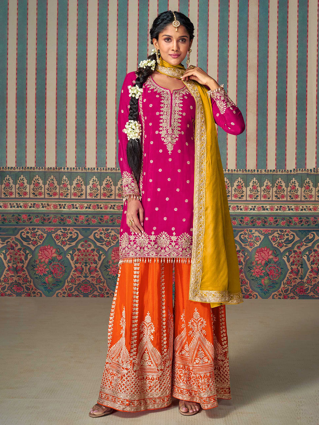 Embroidered Chinon Silk Kurta With Plazzo & Dupatta