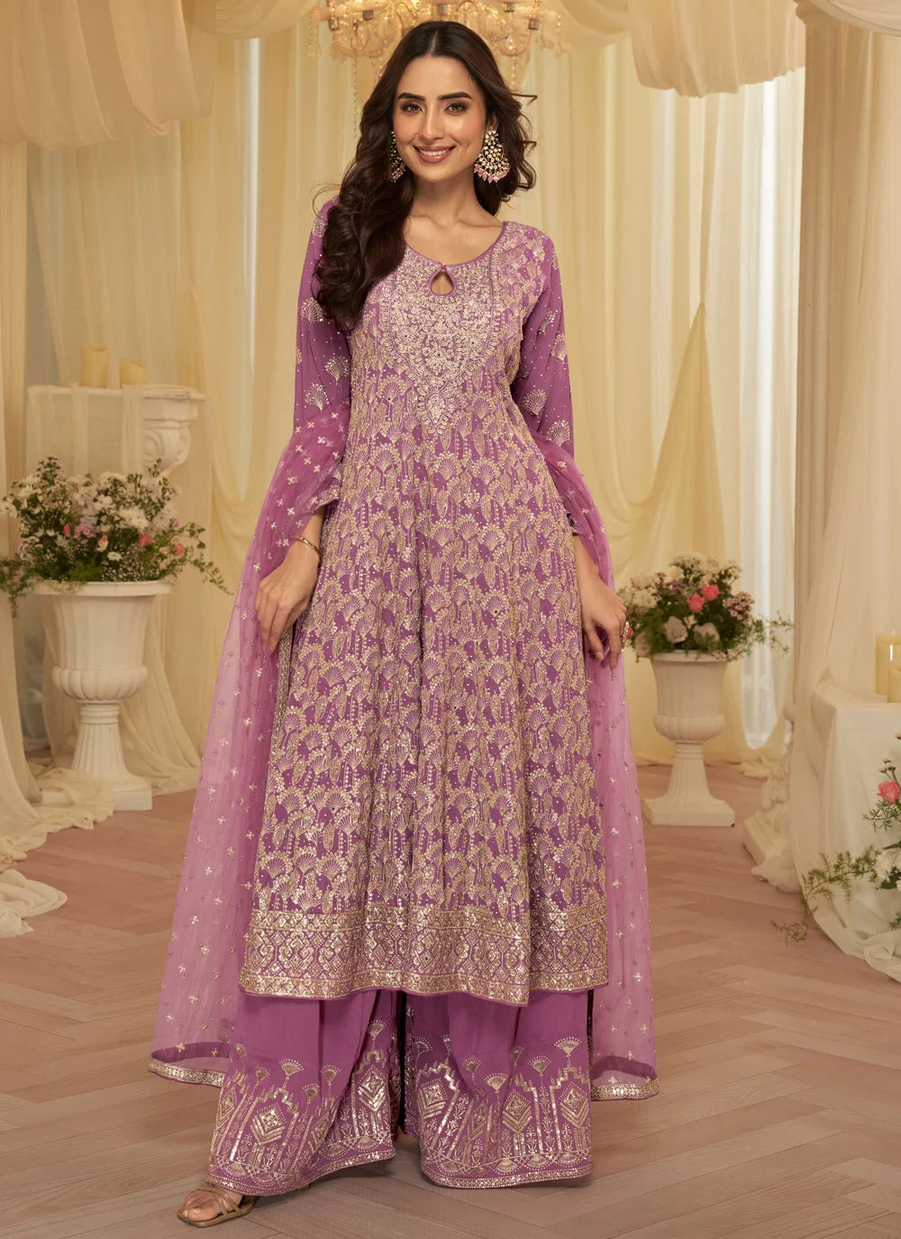 Mauve Georgette Embroidered Anarkali Suit Set