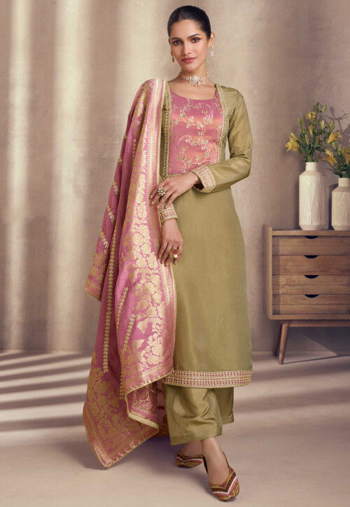 Embroidered Art Silk Suit in Dusty Green