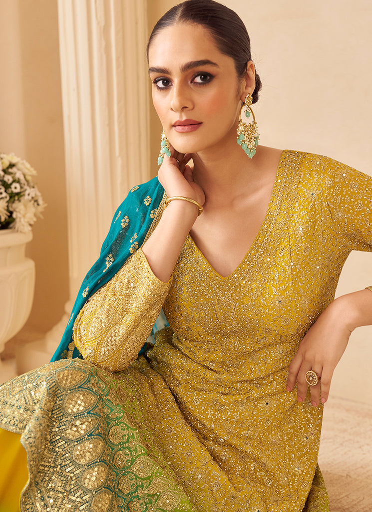 Yellow Ombre Multi Embroidery Anarkali Sharara Suit