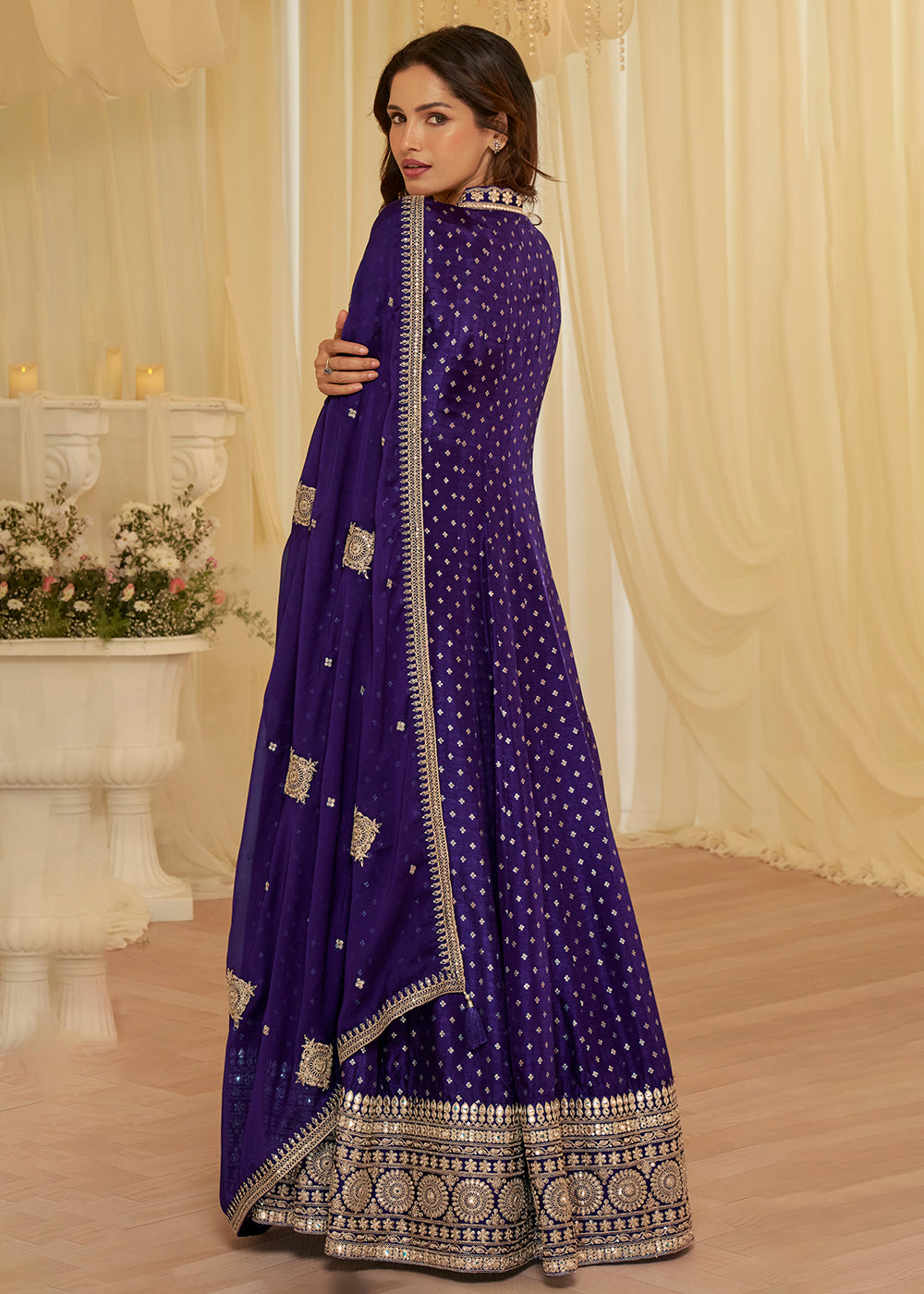Violet Viscose Jacquard Silk With Embroidery Work Anarkali Suit