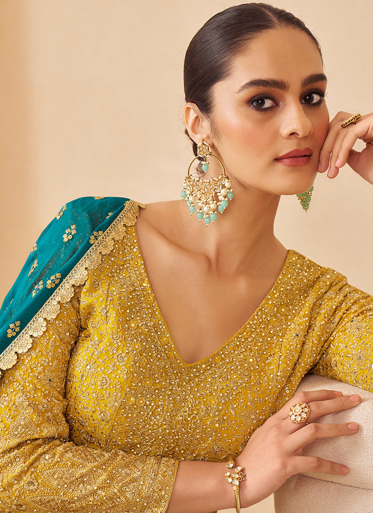 Yellow Ombre Multi Embroidery Anarkali Sharara Suit