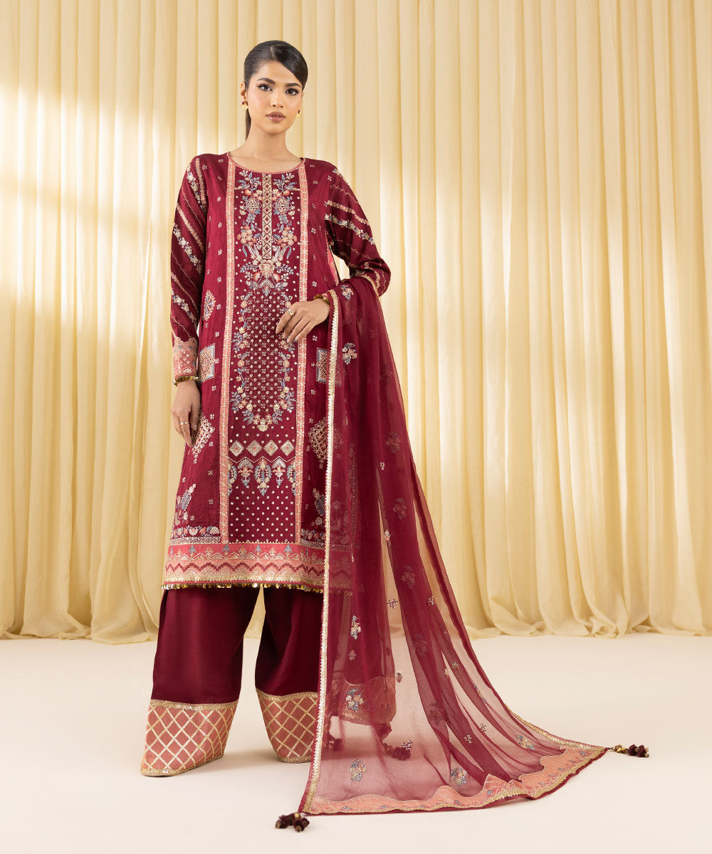 3 Piece - Embroidered Raw Silk Suit by Sapphire