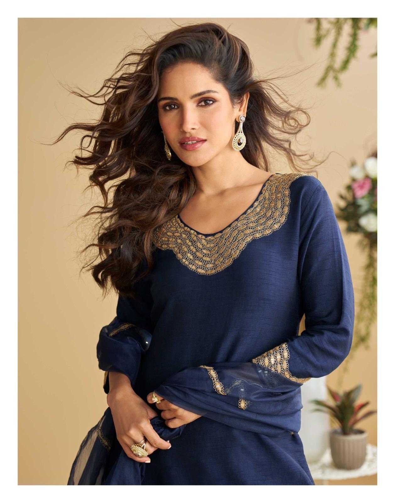 Deep Navy Blue Silk Palazzo Suit