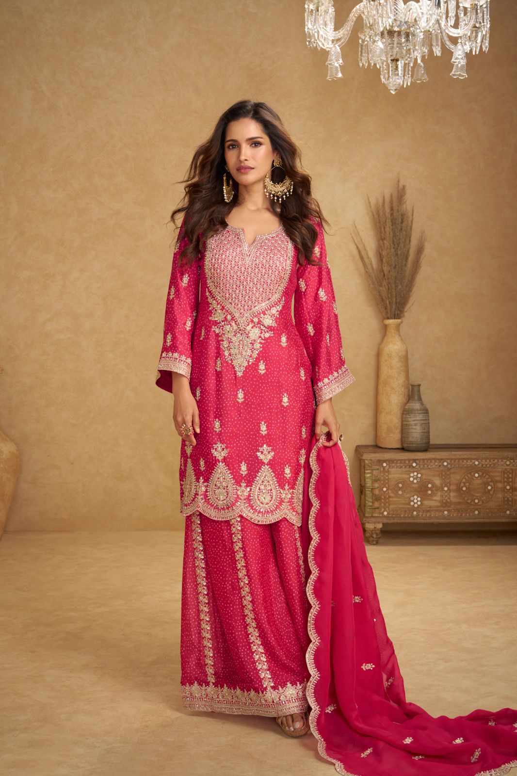 Pink Chinon Palazzo Suit
