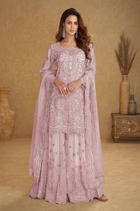 Pink Embroidered Net Suit