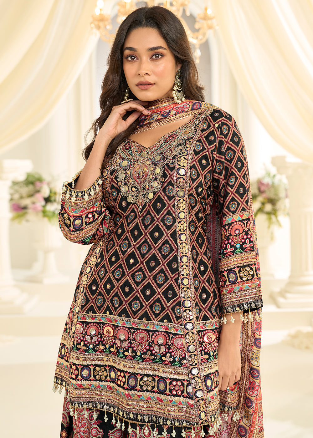 Black Crepe Silk Aari & Gota Patti Work Palazzo Style Suit