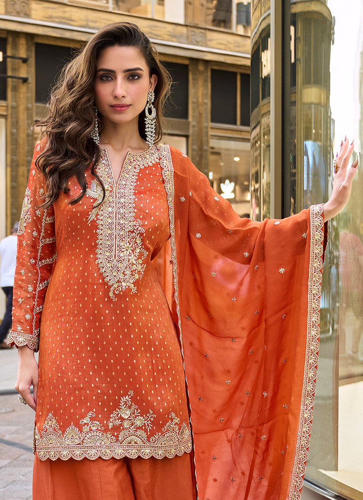 Orange Embroidery Party Wear Palazzo Suit