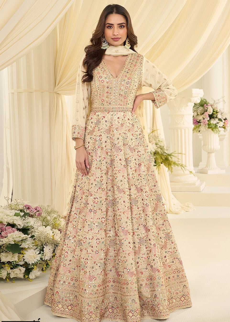 CREAM WHITE GEORGETTE ANARKALI GOWN WITH ALL-OVER ZARKAN EMBROIDERY