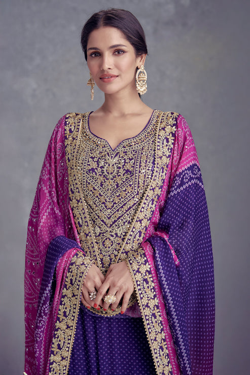 Blue Chinon Suit With Bandhej Print