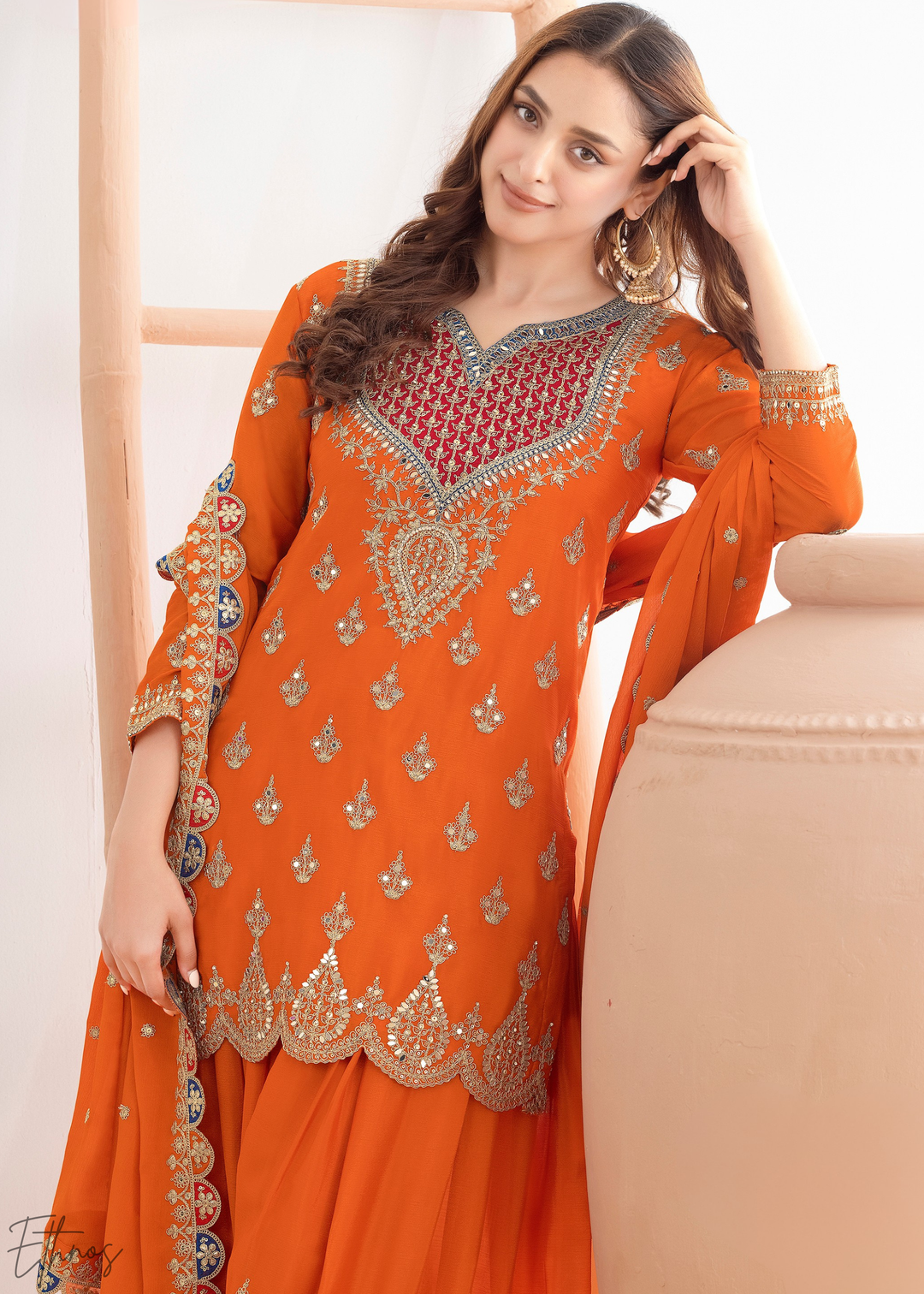 Orange Resham Embroidered Chinon Palazzo Suit