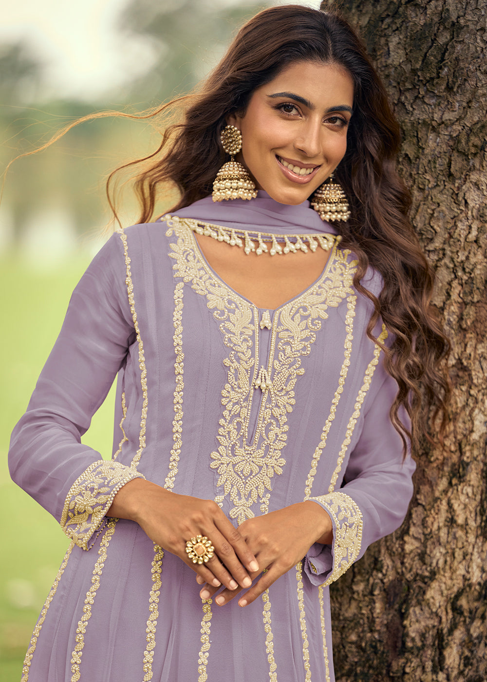 Real Georgette Lavender Anakali Style Pant Suit