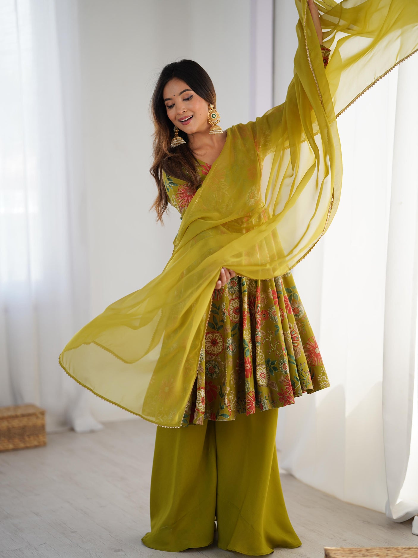 Mehndi Color Raman silk Printed Plazzo Suit