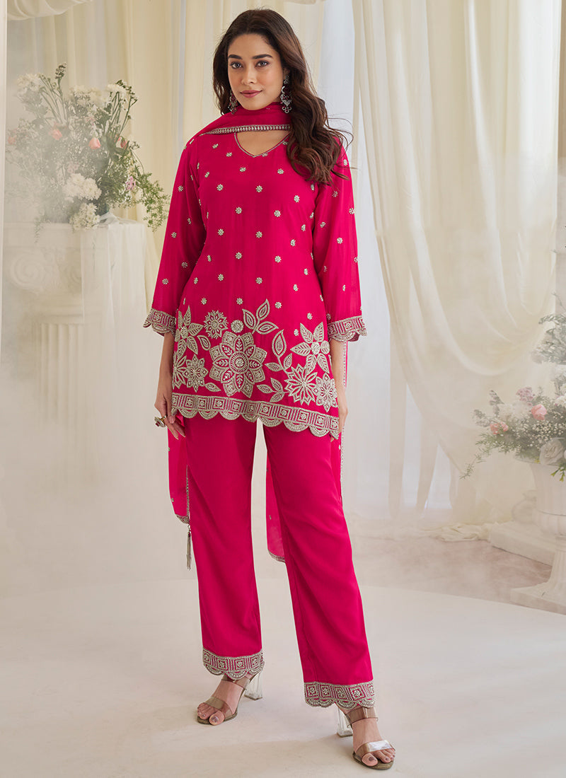 Pink Chinon Silk Embroidery Work Festival wear Salwar Suit