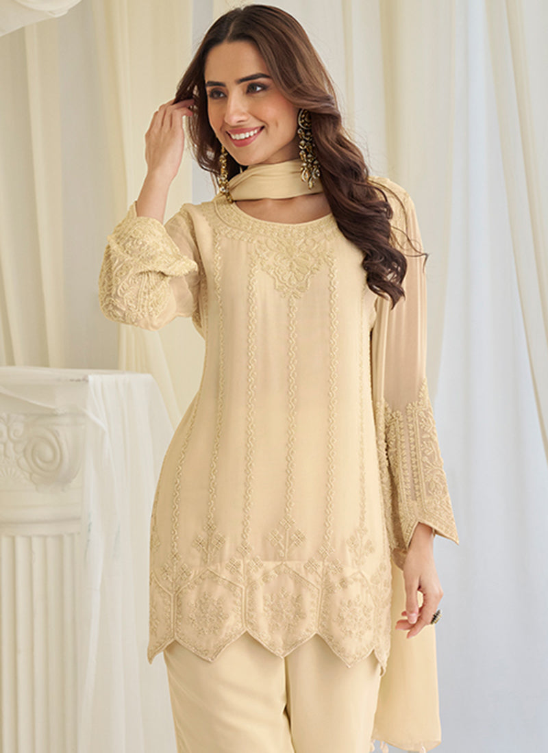 Cream Chinon Silk Embroidery Work Festival wear Salwar Suit